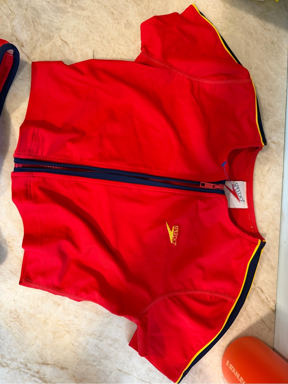 Vintage Speedo Red Zip-Front Two-Piece Swimsuit with Navy Trim - Picture 3 of 4